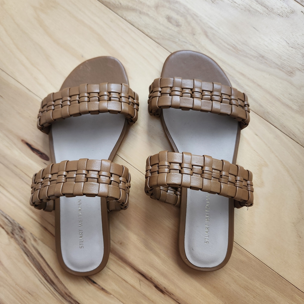 Stuart Weitzman Women's Venice Double Strap Woven Slip On Sandals